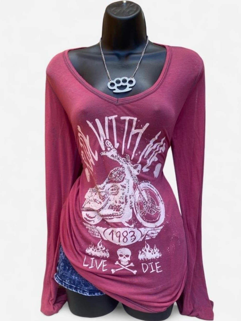 Y2k Grunge Pink & White Ride With Me Motorcycle & Skull Top with Rhinestones